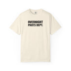 Ivory crew-neck T-shirt with bold "OVERNIGHT PARTS DEPT." logo on the front