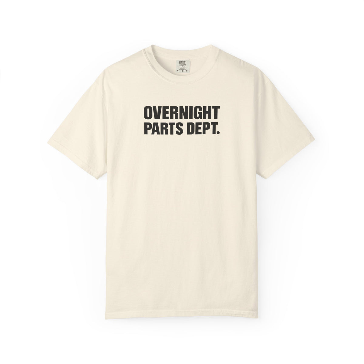 Ivory crew-neck T-shirt with bold "OVERNIGHT PARTS DEPT." logo on the front