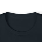 Kids T-shirt neckline close-up, dark blue crew neck collar