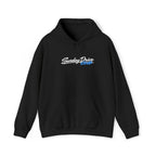 Black embroidered logo pullover hoodie with drawstring hood and kangaroo pocket
