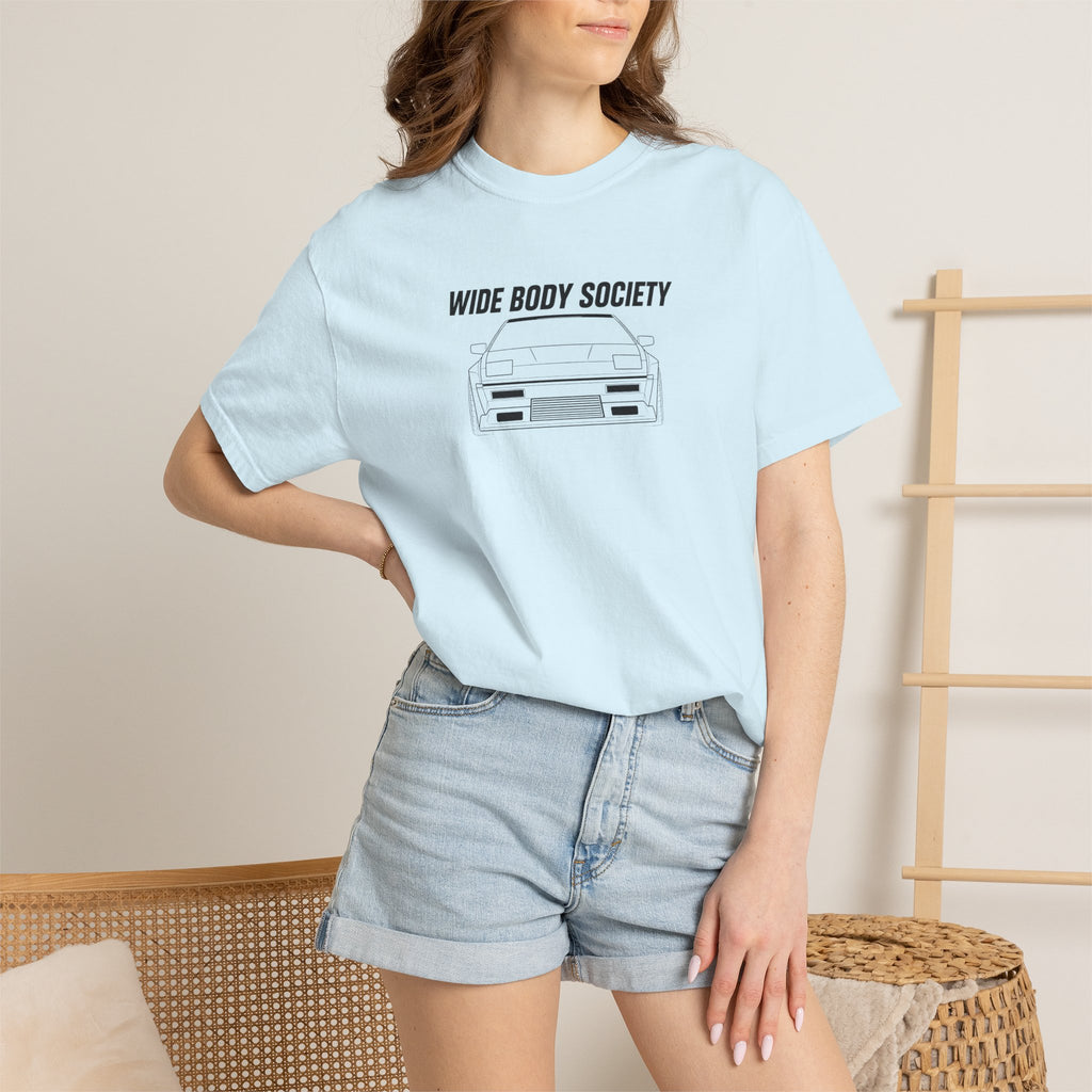 Light blue crewneck JDM graphic T-shirt with front car print, worn by model