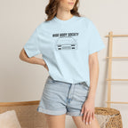 Light blue crewneck JDM graphic T-shirt with front car print, worn by model
