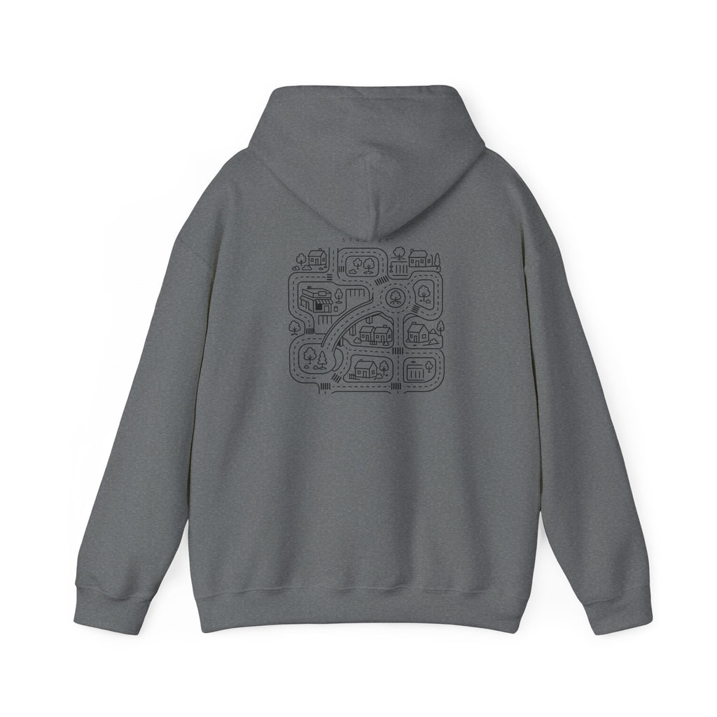 Graphite heather hoodie back view with centered street-map graphic