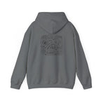 Graphite heather hoodie back view with centered street-map graphic