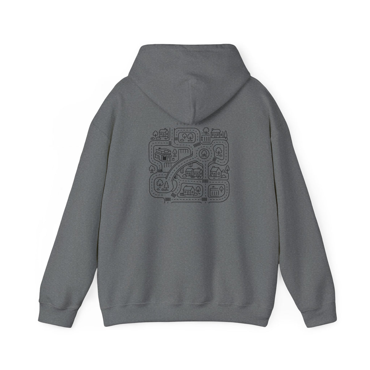 Graphite heather hoodie back view with centered street-map graphic