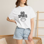 White Go Sports football T-shirt with black 'GO SPORTS' logo and football graphic