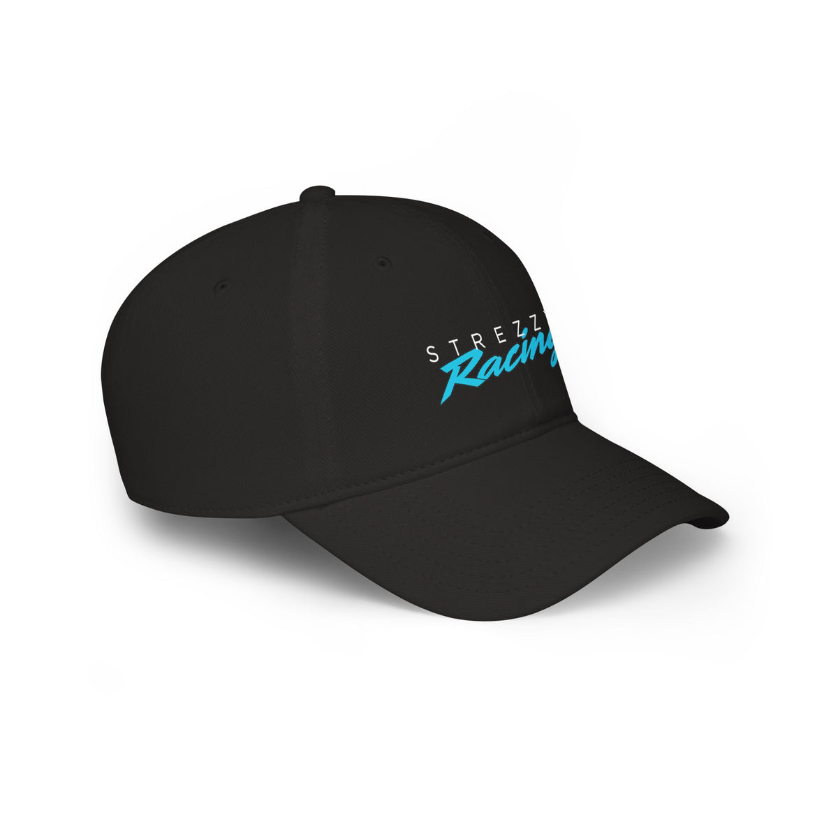 Black racing cap side profile with blue STREZZY Racing logo