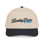Embroidered baseball hat in tan with "Sunday Drive Club" logo and black underbrim.