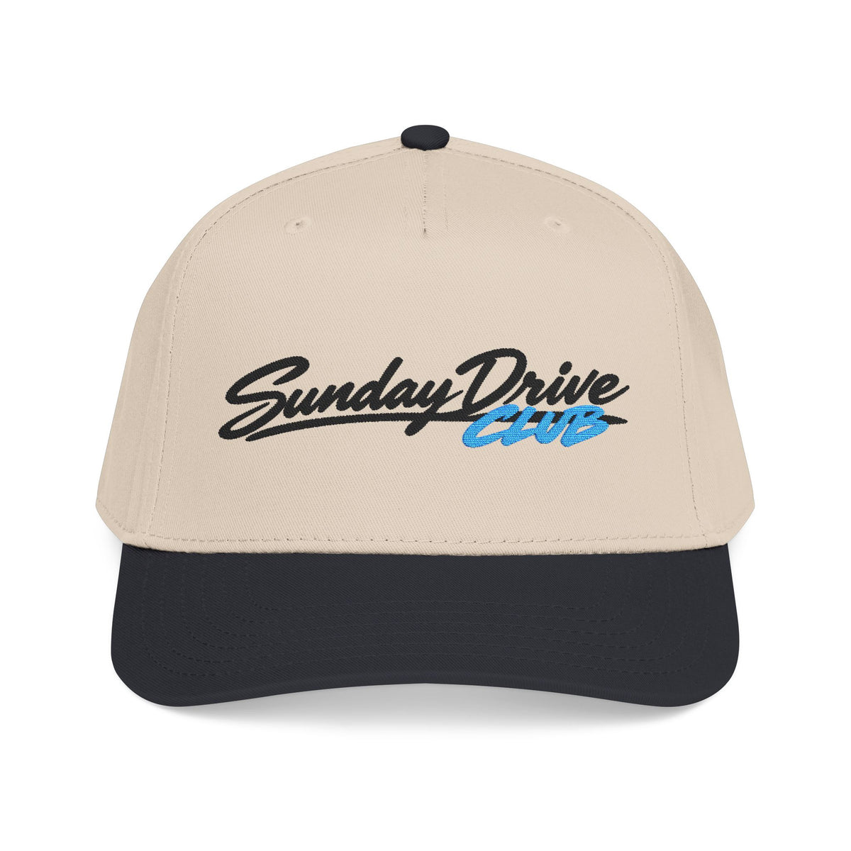 Embroidered baseball hat in tan with "Sunday Drive Club" logo and black underbrim.