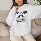 White pullover hoodie with GS48 logo and car graphic, kangaroo pocket and drawstring hood