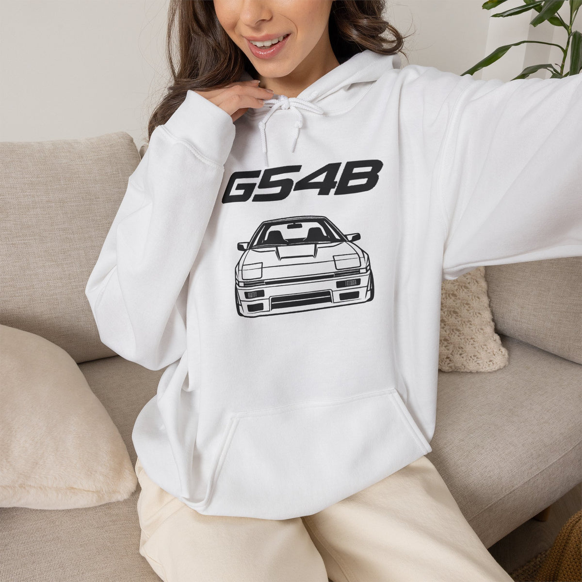 White pullover hoodie with GS48 logo and car graphic, kangaroo pocket and drawstring hood