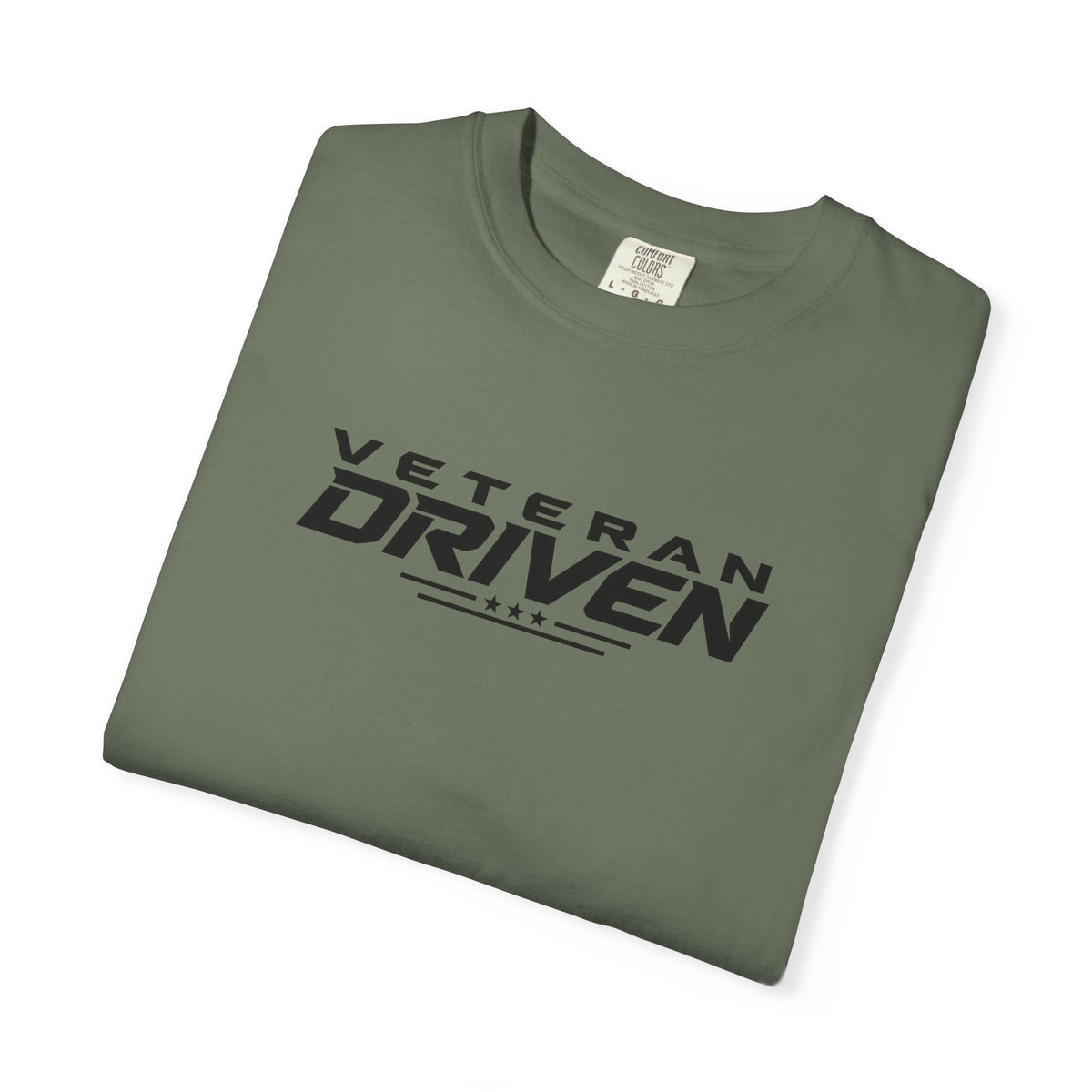 Moss green crew-neck T-shirt with Veteran Driven front logo graphic