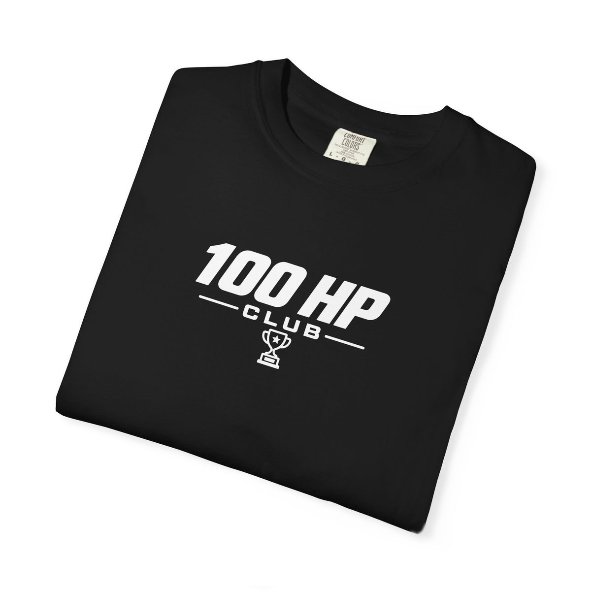 Black crew-neck T-shirt with 100 HP Club logo on chest, angled close-up