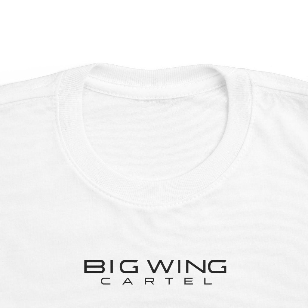 White toddler T-shirt close-up of neckline and Big Wing Cartel chest logo