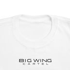 White toddler T-shirt close-up of neckline and Big Wing Cartel chest logo