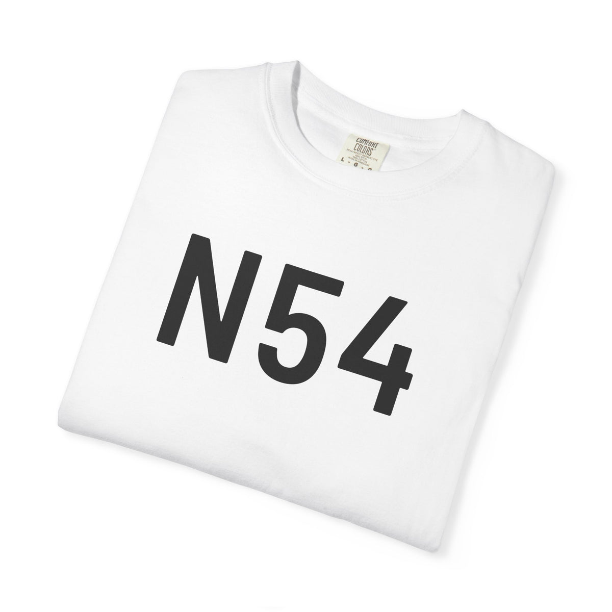 White crew-neck T-shirt with large black “N54” graphic on the front