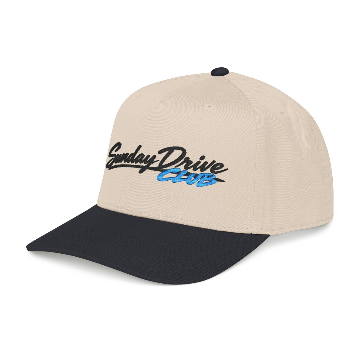 Tan embroidered baseball hat with "Sunday Drive Club" logo and black underbrim.