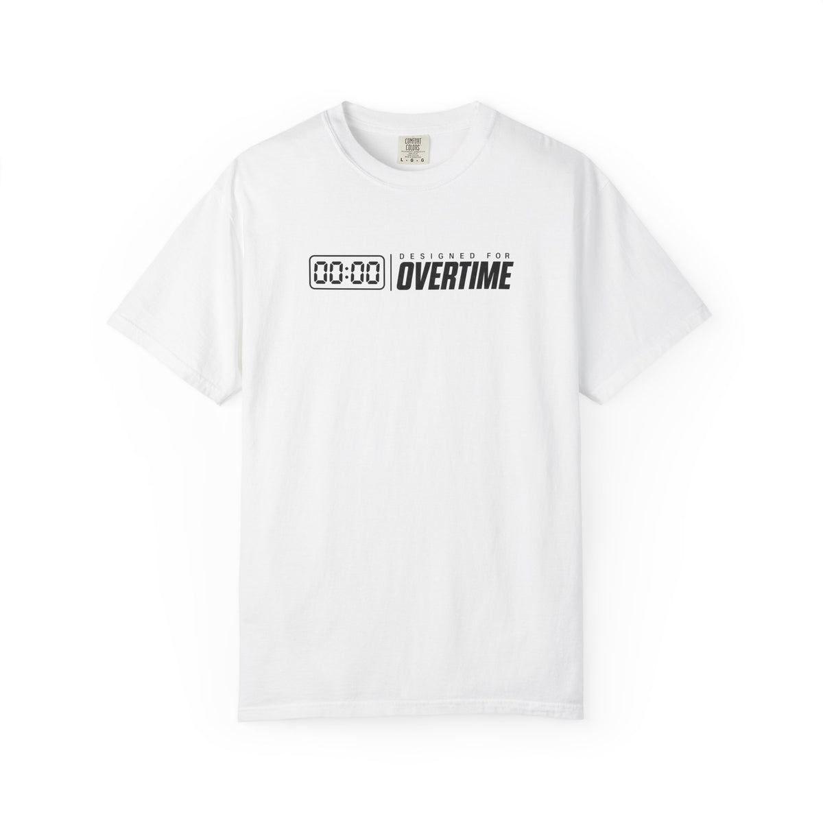 White crew-neck graphic T-shirt with OVERTIME clock-style logo