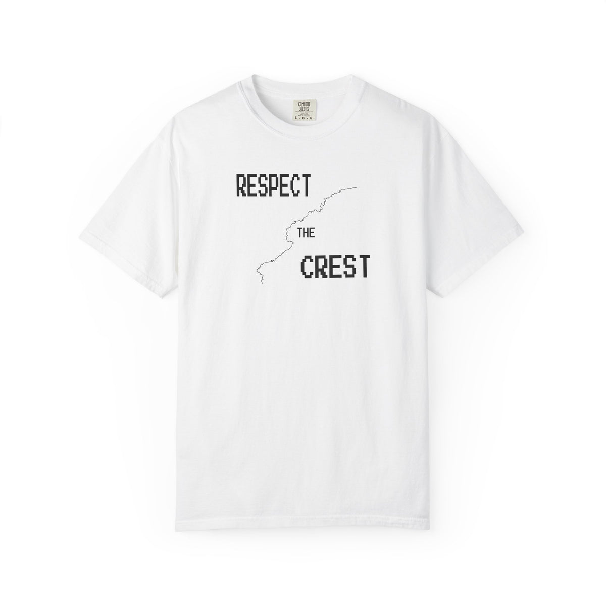 White T-shirt with black “RESPECT THE CREST” logo print at center chest