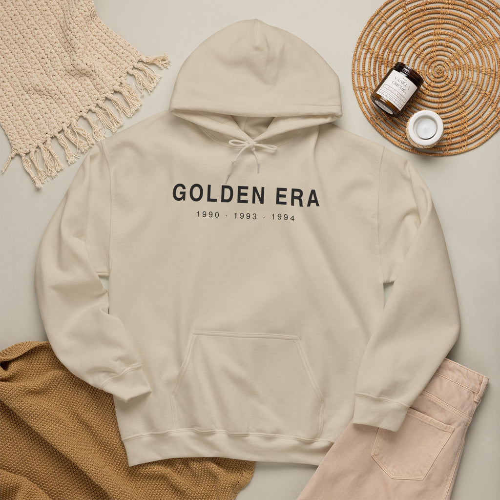 Cream pullover hoodie with hood and front “GOLDEN ERA” logo text