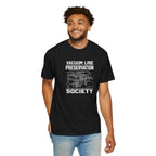 Black t-shirt with front Vacuum Line Preservation Society graphic on a man