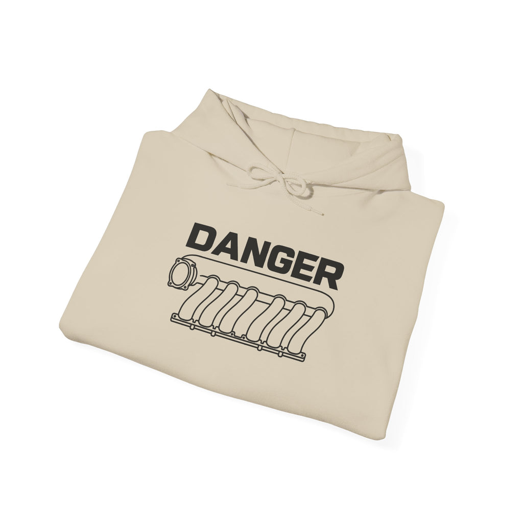 Sand pullover hoodie with “DANGER” and engine graphic on the front