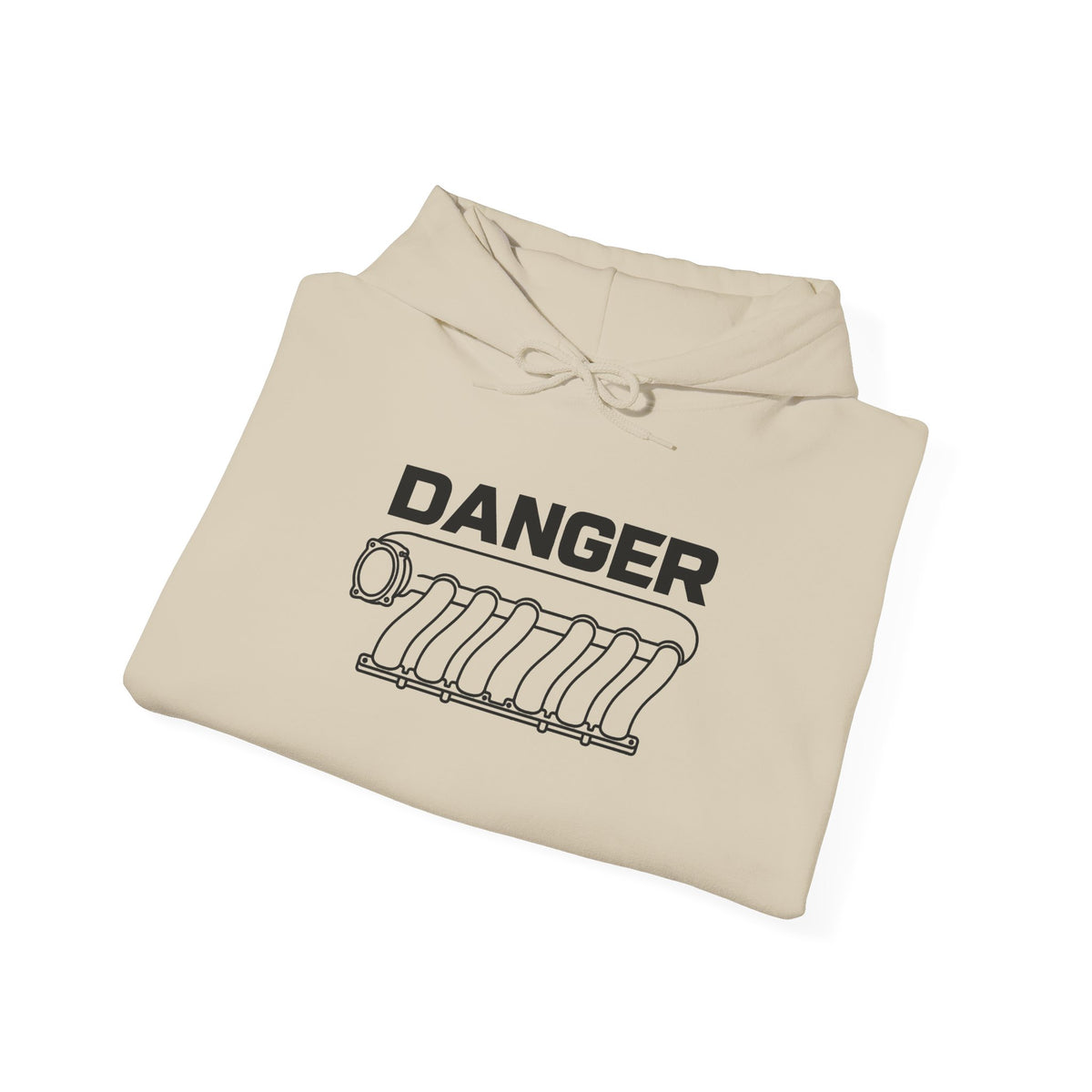 Sand pullover hoodie with “DANGER” and engine graphic on the front