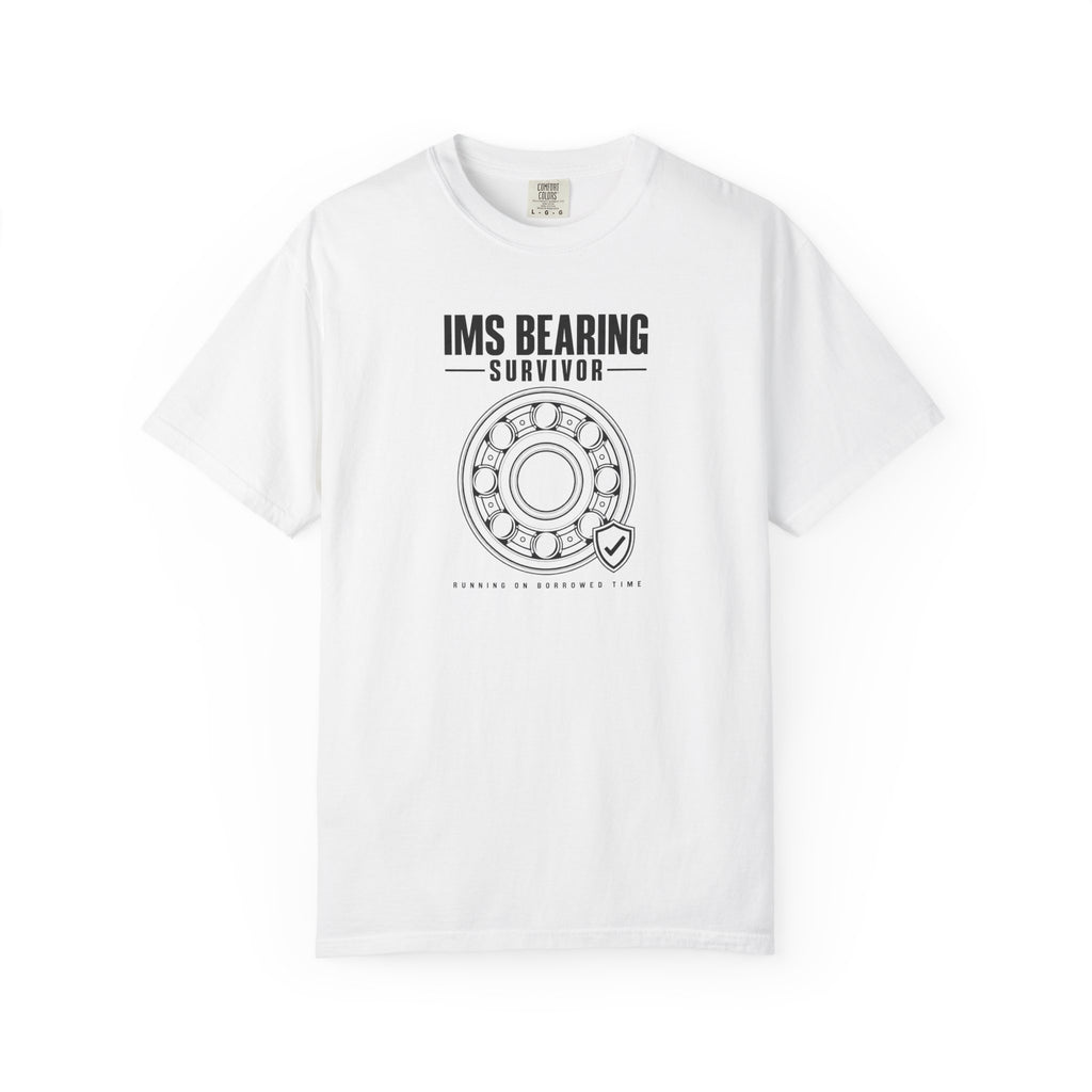White crew-neck T-shirt with front bearing graphic and IMS text