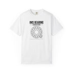 White crew-neck T-shirt with front bearing graphic and IMS text