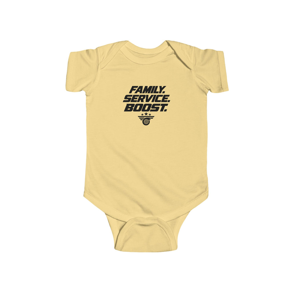Baby bodysuit, butter yellow, front graphic print