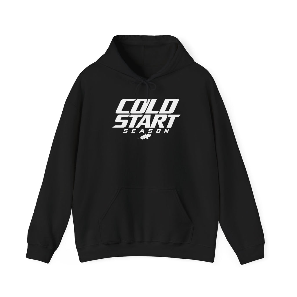 Black pullover hoodie with Cold Start Season logo and drawstring hood