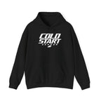 Black pullover hoodie with Cold Start Season logo and drawstring hood