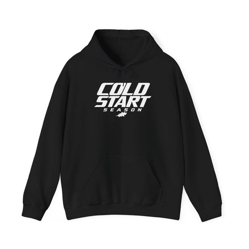 Black pullover hoodie with Cold Start Season logo and drawstring hood