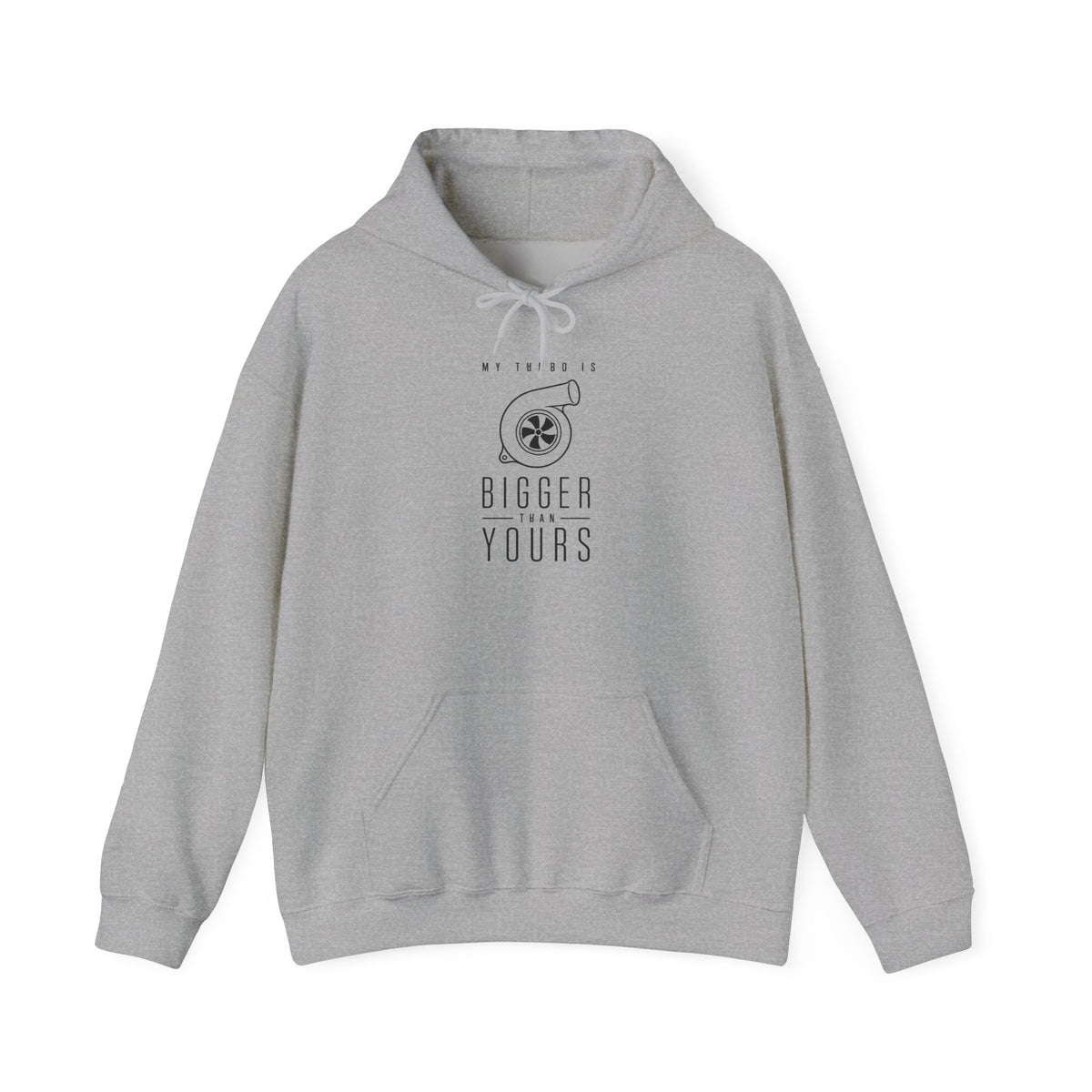 Light gray pullover hoodie with kangaroo pocket and drawstring hood, printed chest graphic