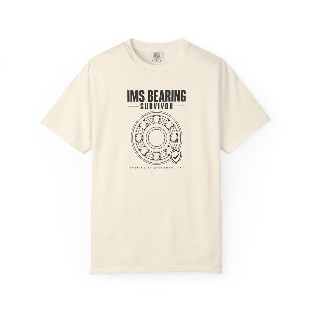 Ivory crew-neck T-shirt featuring front 'IMS BEARING SURVIVOR' circular emblem