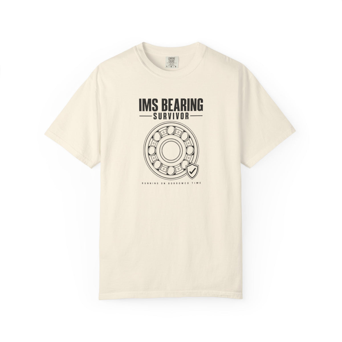 Ivory crew-neck T-shirt featuring front 'IMS BEARING SURVIVOR' circular emblem