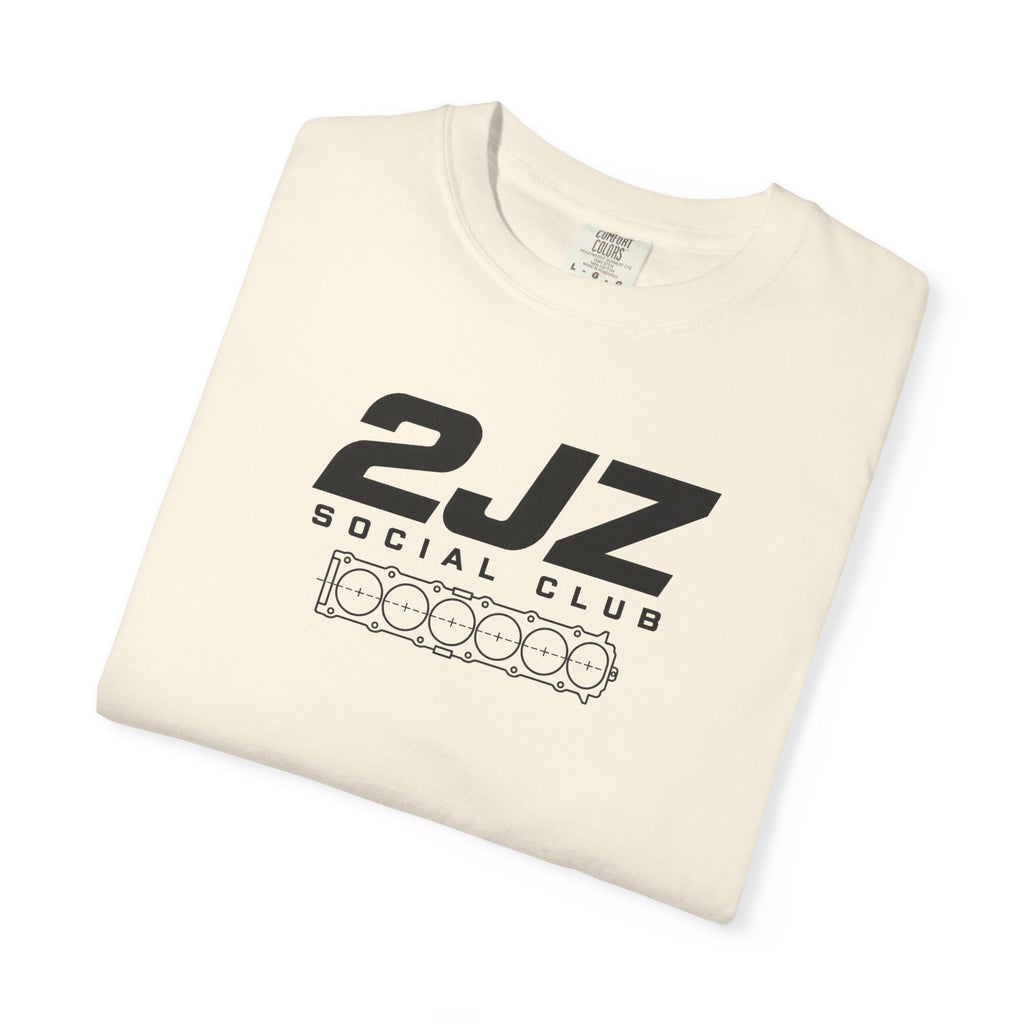 Ivory crewneck T-shirt with large front text and logo graphic print.