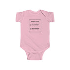 Pink baby bodysuit with front “Warranty Status” graphic
