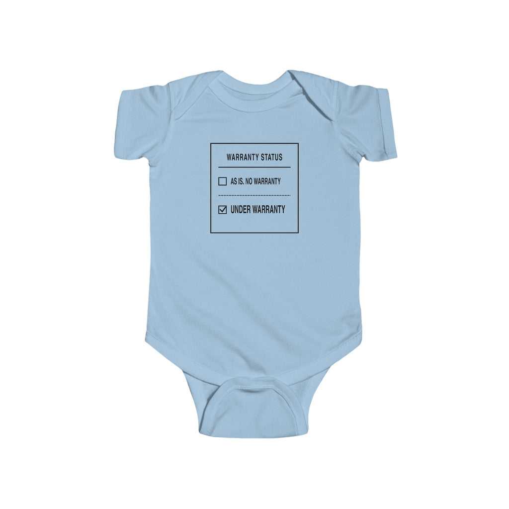 Light blue baby bodysuit with front “Warranty Status” graphic