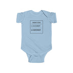 Light blue baby bodysuit with front “Warranty Status” graphic