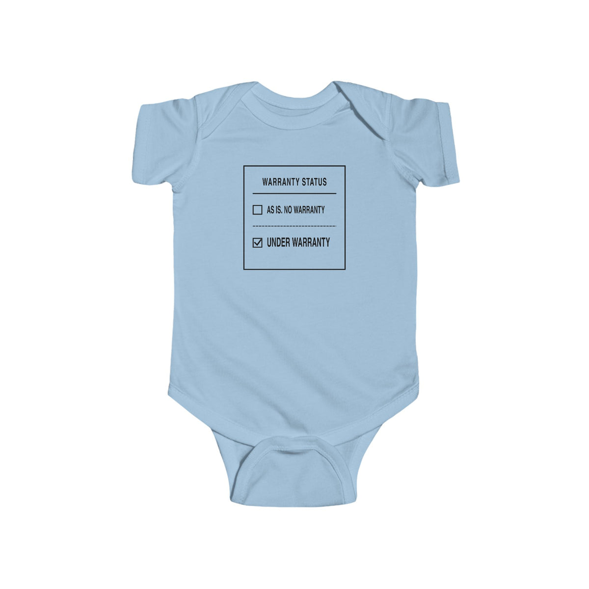 Light blue baby bodysuit with front “Warranty Status” graphic