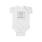 White baby bodysuit with front “Warranty Status” graphic