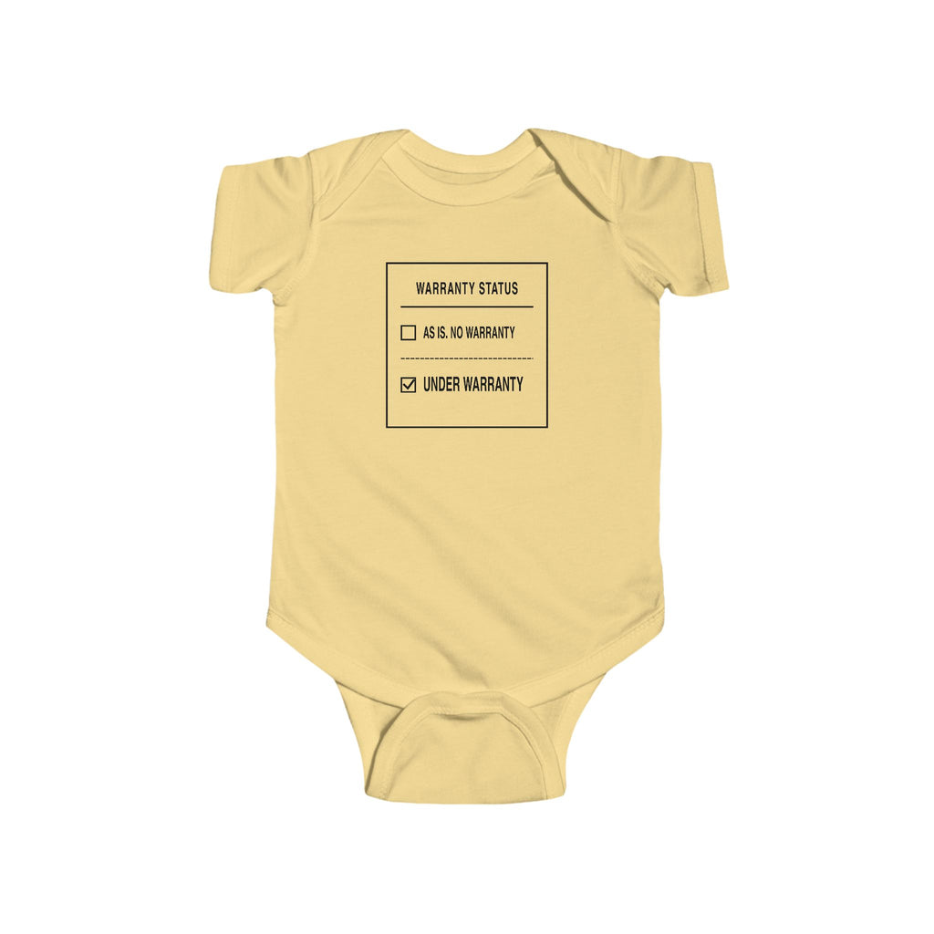 Butter yellow baby bodysuit with front “Warranty Status” graphic