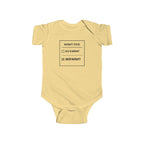 Butter yellow baby bodysuit with front “Warranty Status” graphic