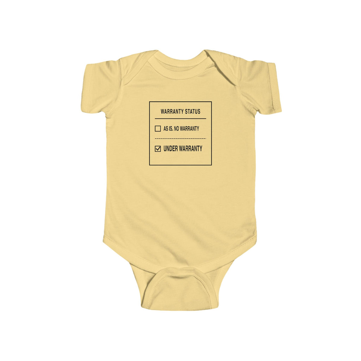 Butter yellow baby bodysuit with front “Warranty Status” graphic