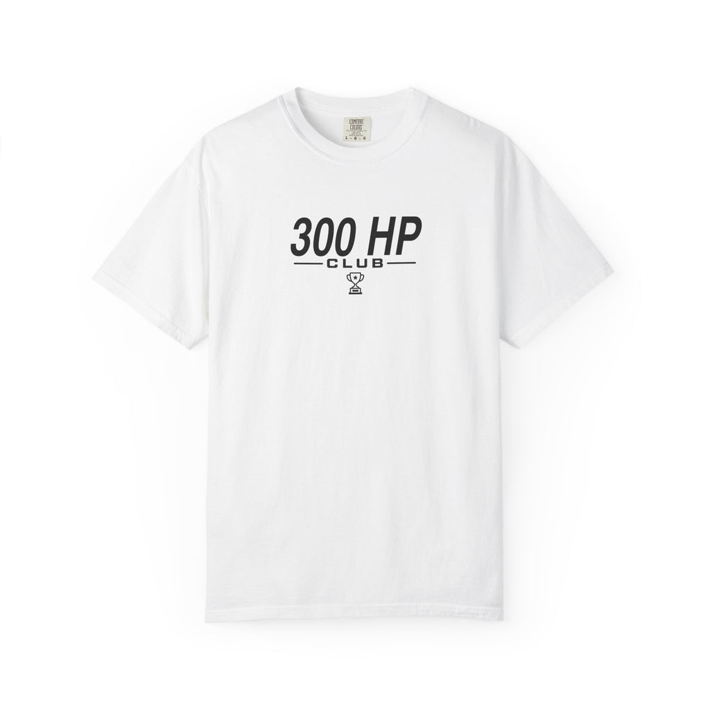 White 300 HP Club T-shirt, front view with crew neck and short sleeves graphic.
