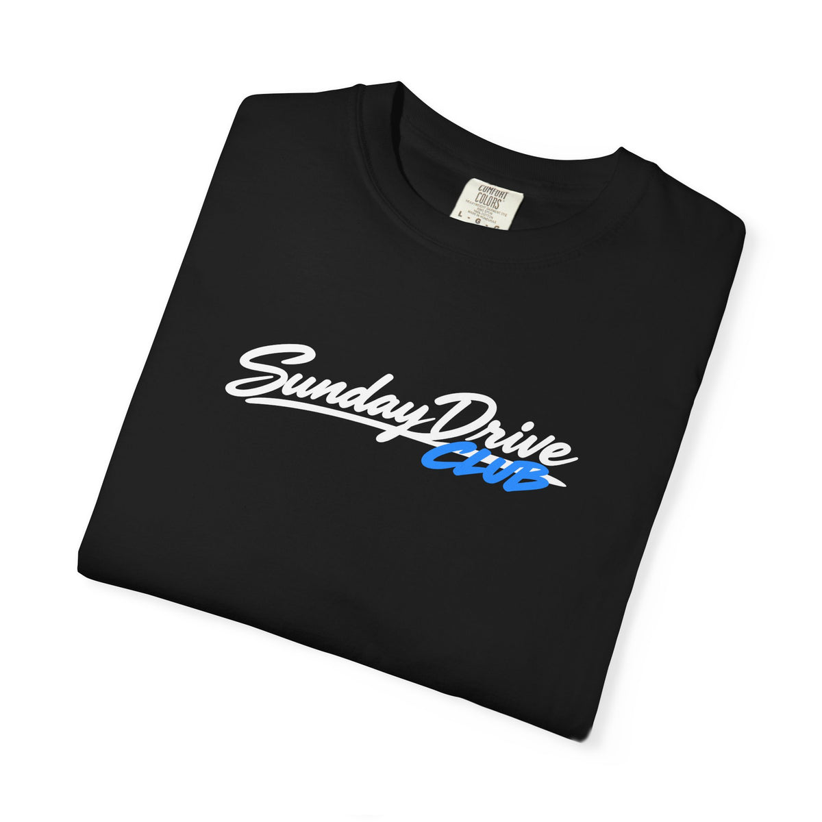 Black T-shirt close-up with “Sunday Drive Club” logo print