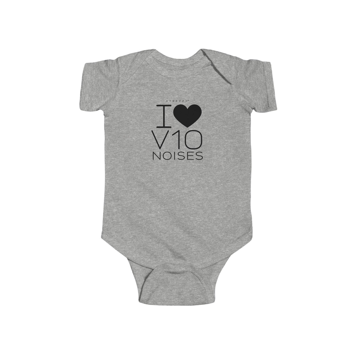 Heather gray baby bodysuit with short sleeves and I Love V10 Noises heart graphic