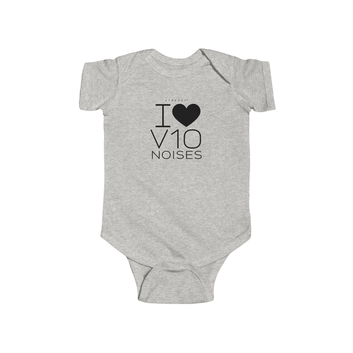 Ash gray baby bodysuit with short sleeves and I Love V10 Noises heart graphic
