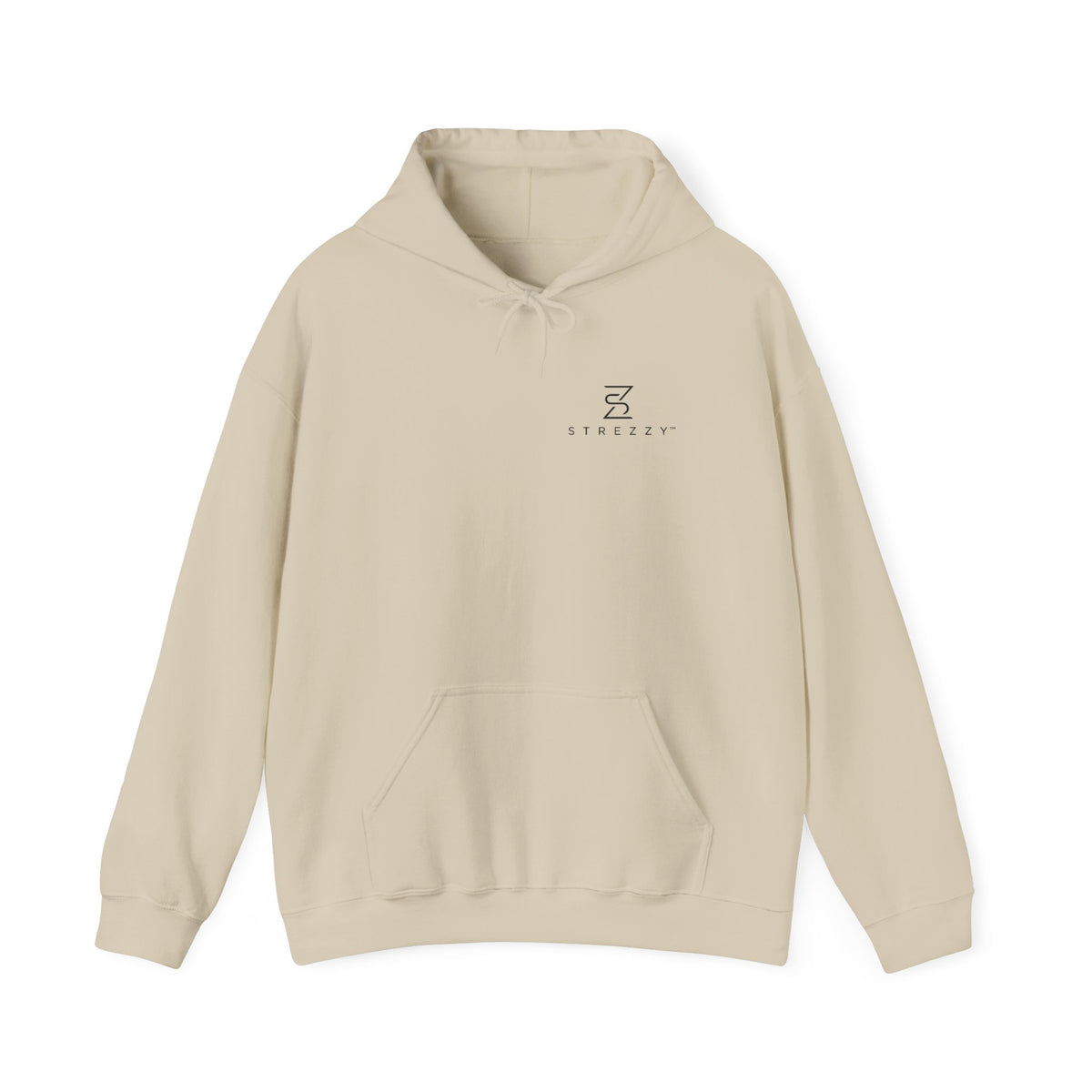 Sand pullover hoodie with kangaroo pocket, drawstring hood, small chest Strezzy logo.